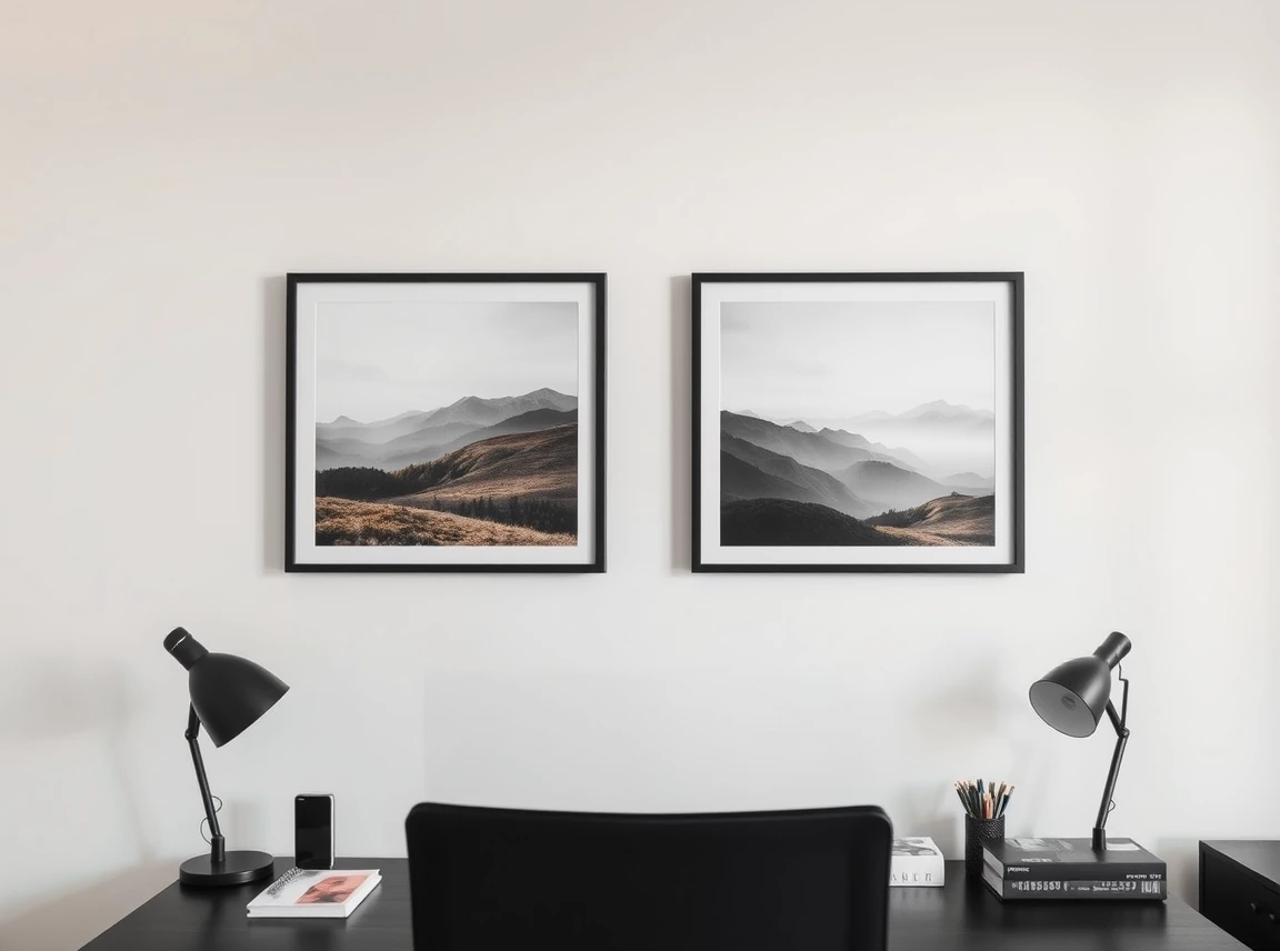 Two framed art prints in thin black frames hung evenly above a dorm desk, clean and cool, bright even light, landscape photo