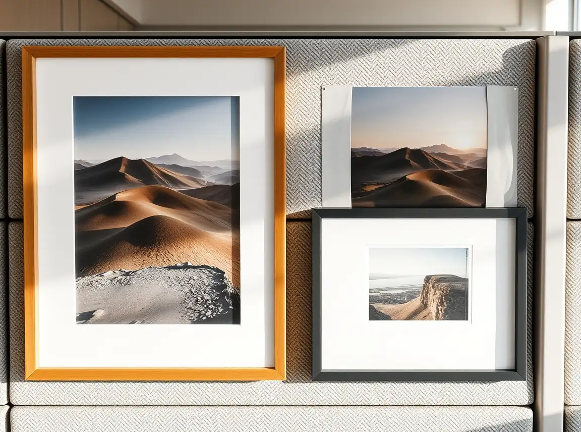 Two framed photos and a small art print in matching frames on a cubicle desk, personal and neat, no people, soft daylight