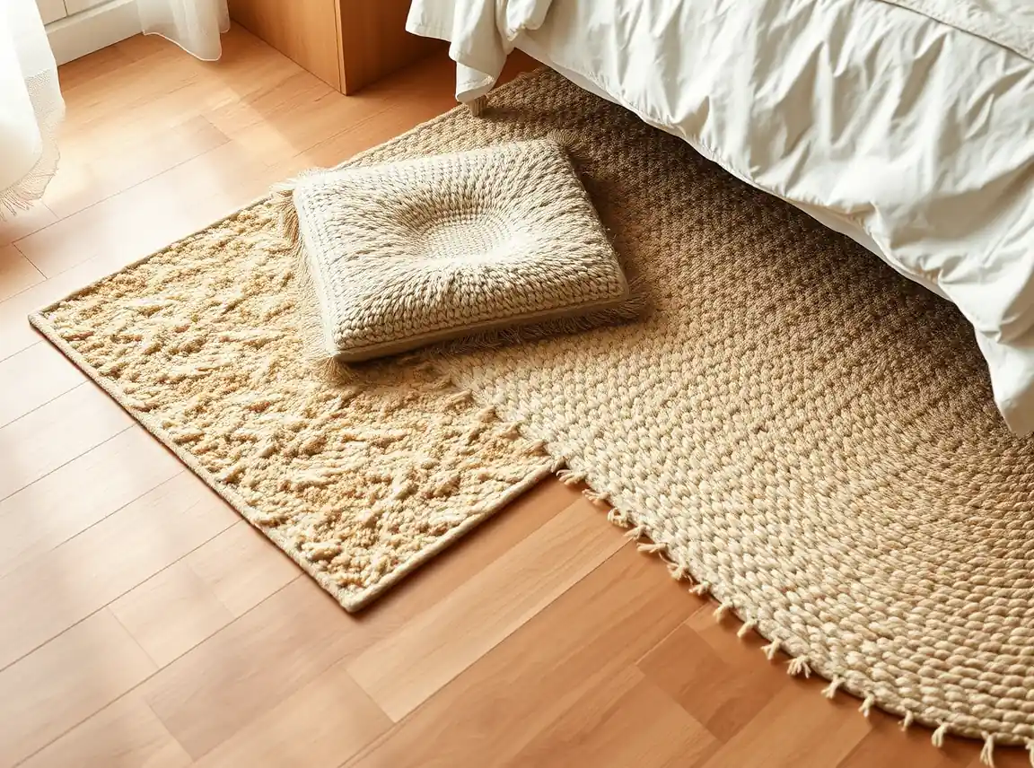 Two layered rugs beside a bed over wood flooring, a soft small rug on top of a larger woven one, warm and cozy underfoot, no