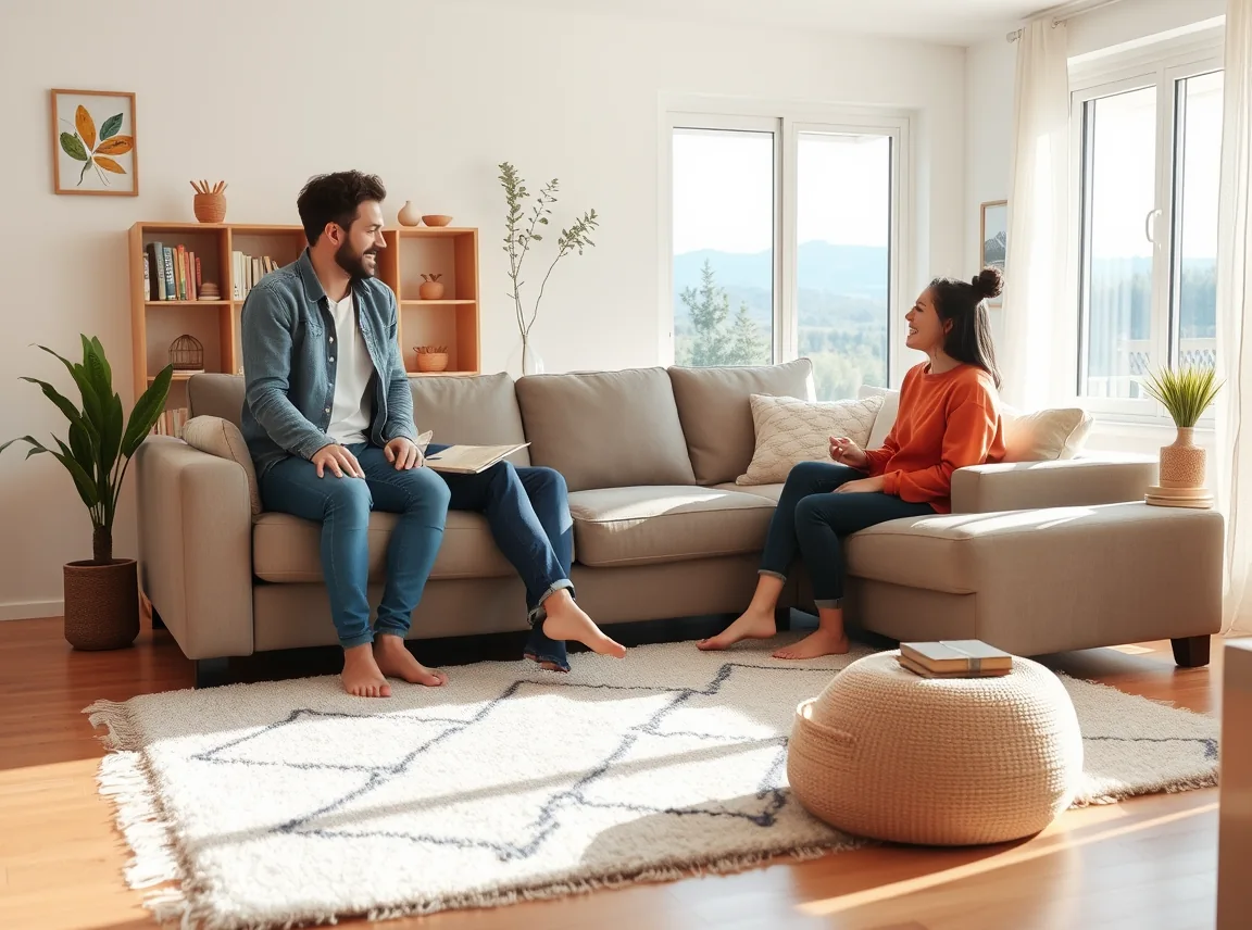 Two roommates setting up a shared living room with a couch and rug, laughing together, bright daylight, landscape photo