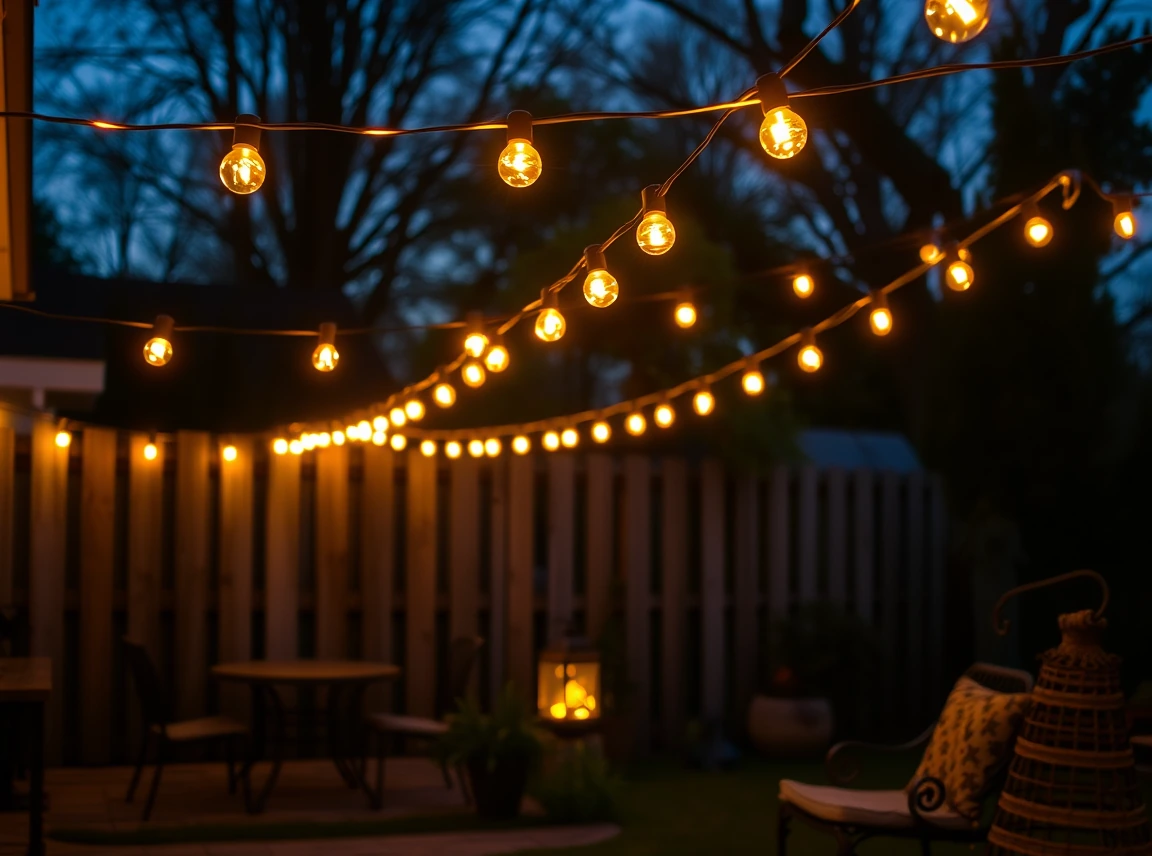 Warm string lights draped over a backyard patio and fence glowing softly at dusk, cozy and magical, no people, evening