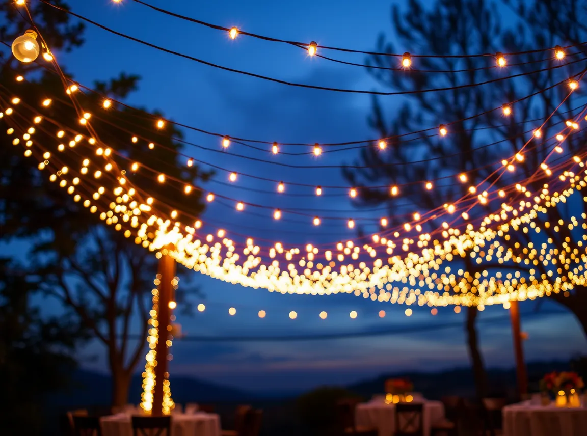 Warm string lights draped overhead at an outdoor wedding reception glowing softly, romantic and magical, no people, dusk