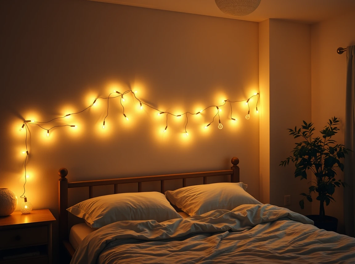 Warm white string lights draped along a dorm wall above a bed, glowing softly in a dim room, cozy evening atmosphere