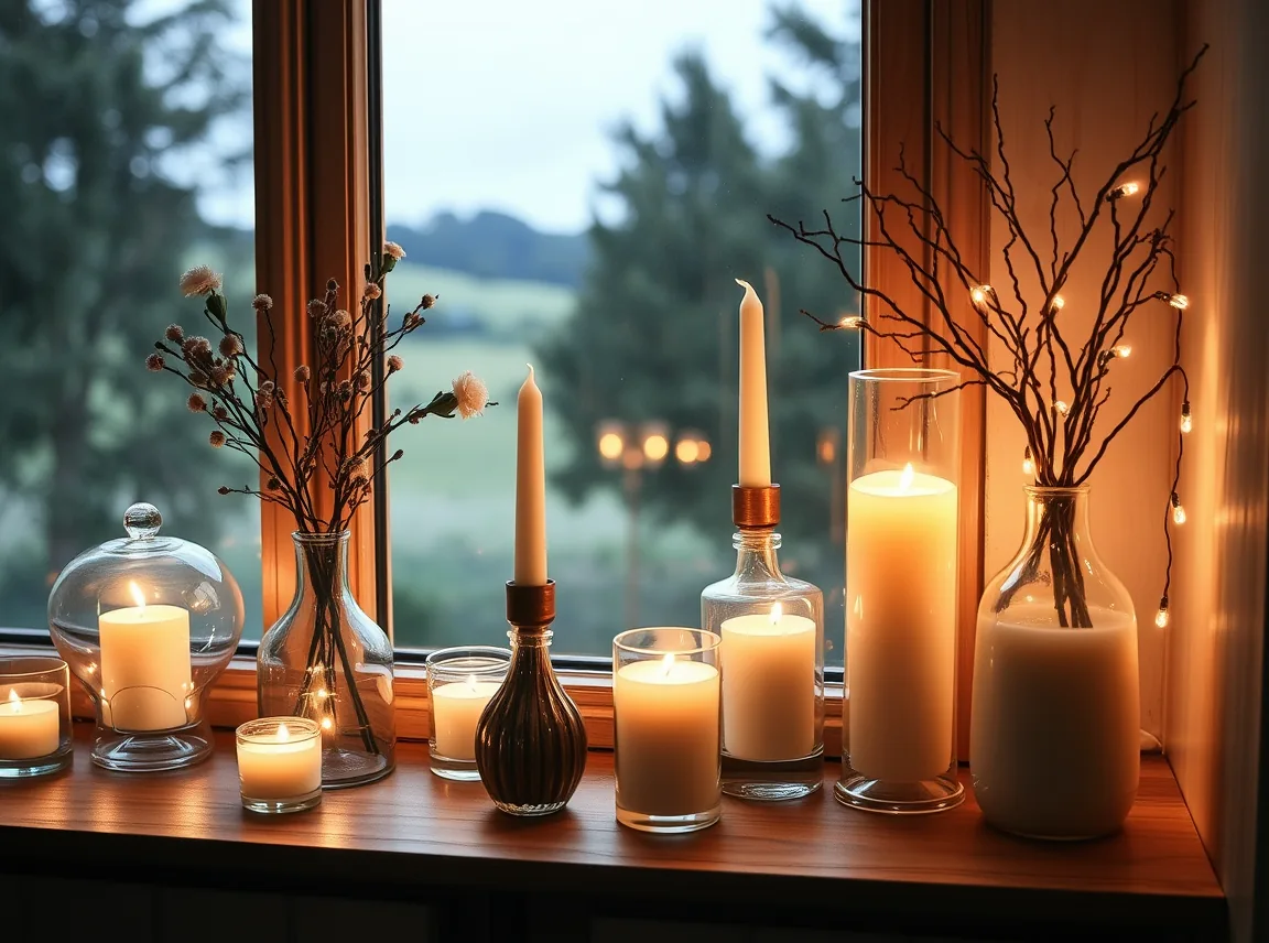 Wedding vases, candles, and string lights repurposed as cozy home decor on a shelf after the wedding, warm and lasting, no