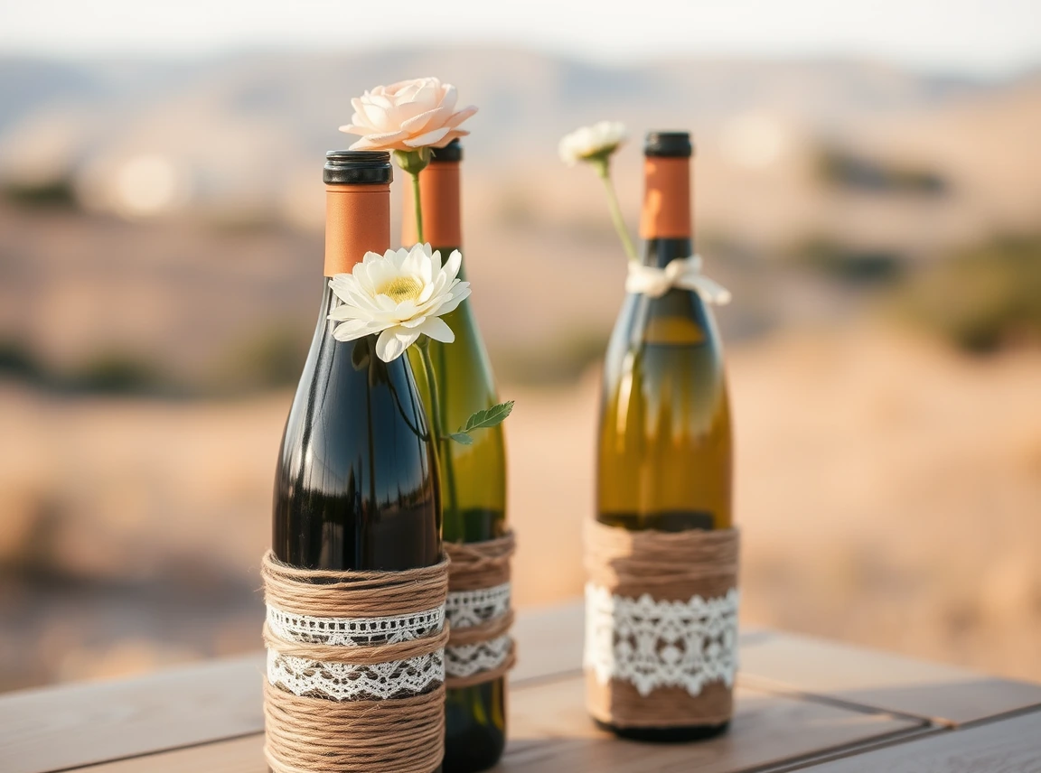 Wine bottles wrapped in twine and lace holding single flowers as wedding centerpieces, elegant and handmade, no people, soft