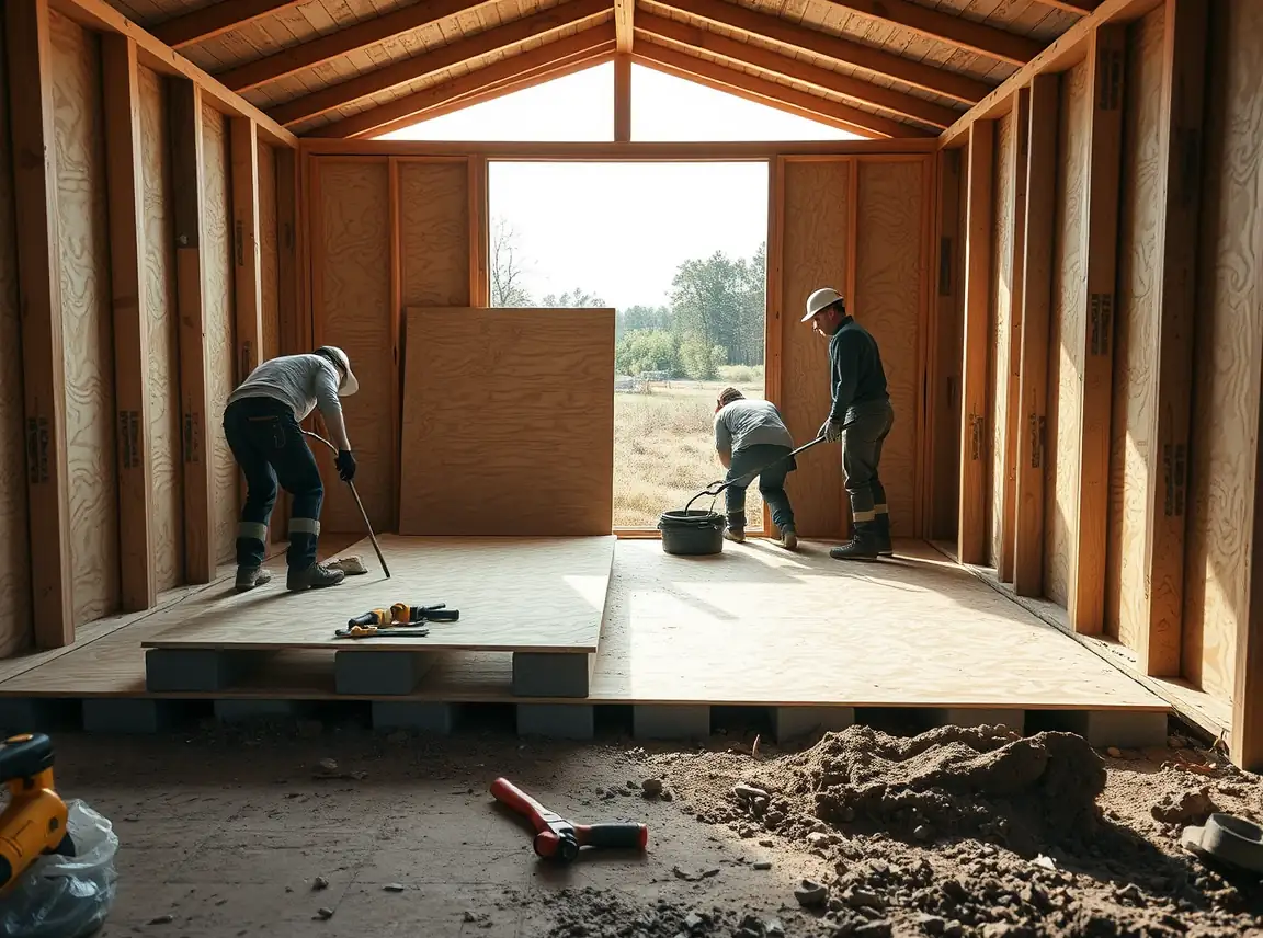 Workers reinforcing a shed floor with fresh plywood sheets and leveling blocks underneath, tools scattered nearby, bright