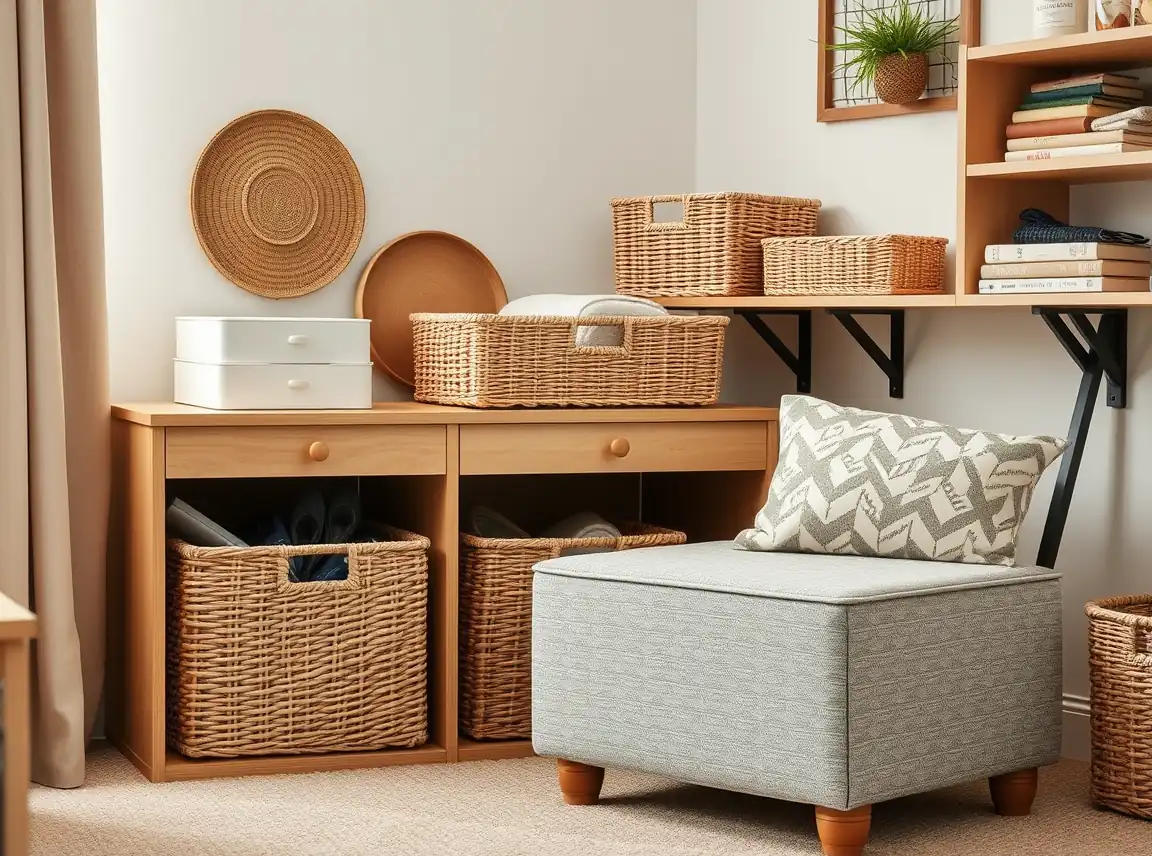 Woven storage baskets and a fabric storage ottoman in a tidy dorm corner hiding supplies, warm neutral tones, organized and