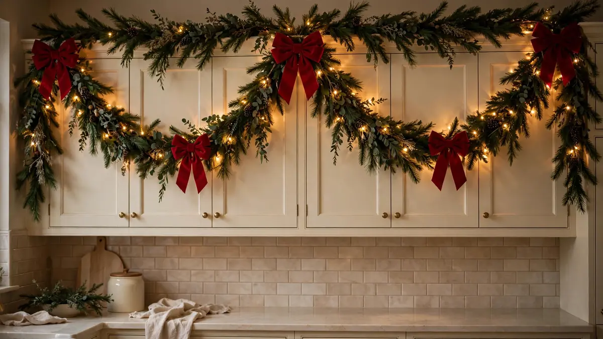 1. Drape Garland and Bows Across Your Cabinets