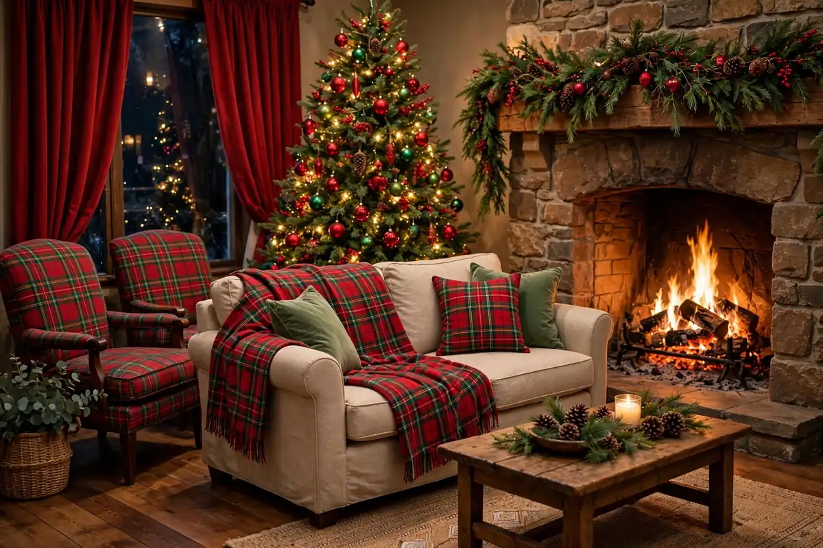 1. Classic Red-And-Green Plaid Living Room