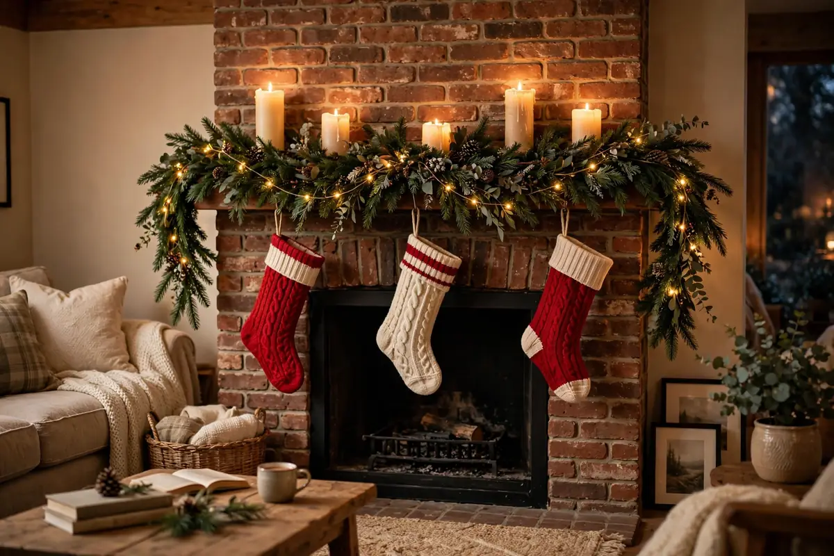 1. Classic Garland, Stockings, and Candles