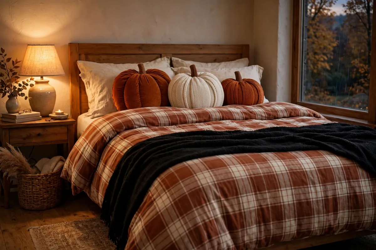 1. Plaid Bedding With Pumpkin Throw Pillows