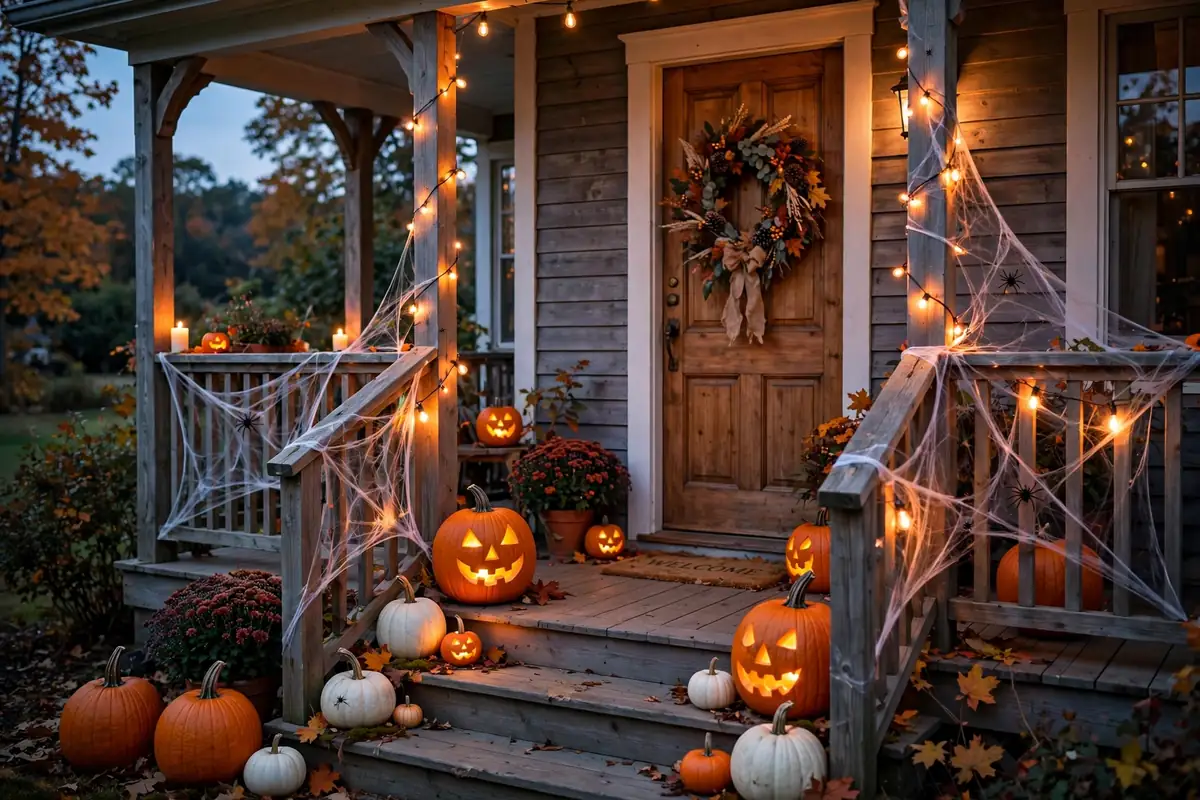 1. Classic Pumpkins, Spiderwebs, and Warm Lights