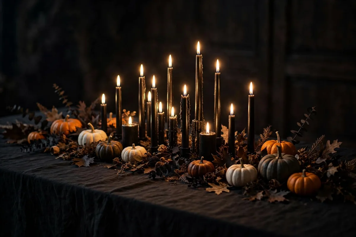 1. Moody Black Tablecloth With a Candle Cluster Centerpiece