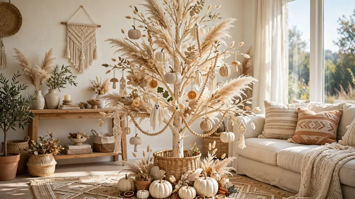 1. Boho Neutral Halloween Tree