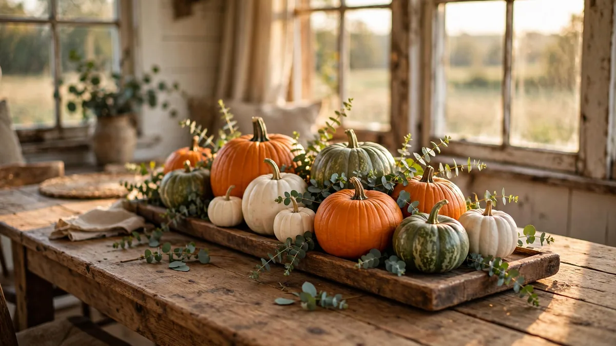 1. Rustic Pumpkin Cluster on a Wooden Tray