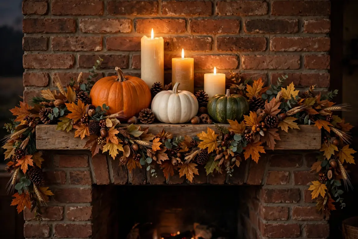 1. Classic Farmhouse Garland With Candles and Pumpkins