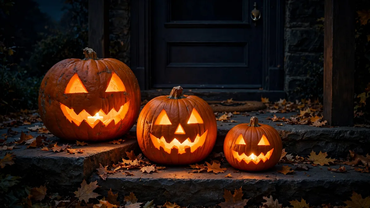 1. Classic Jack-o-Lantern Cluster by the Door