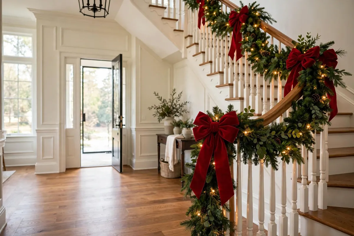 2. Red Bow Garland on the Staircase