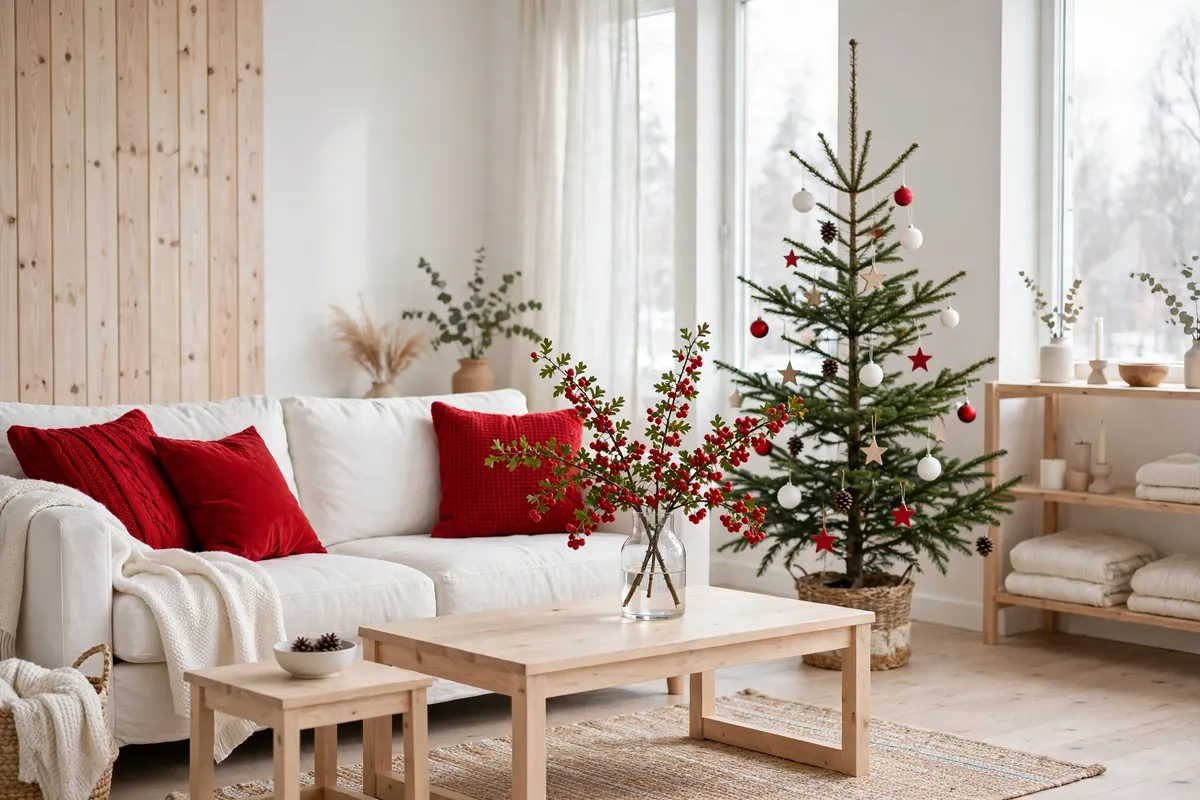 2. Red-And-White Scandinavian Christmas Living Room
