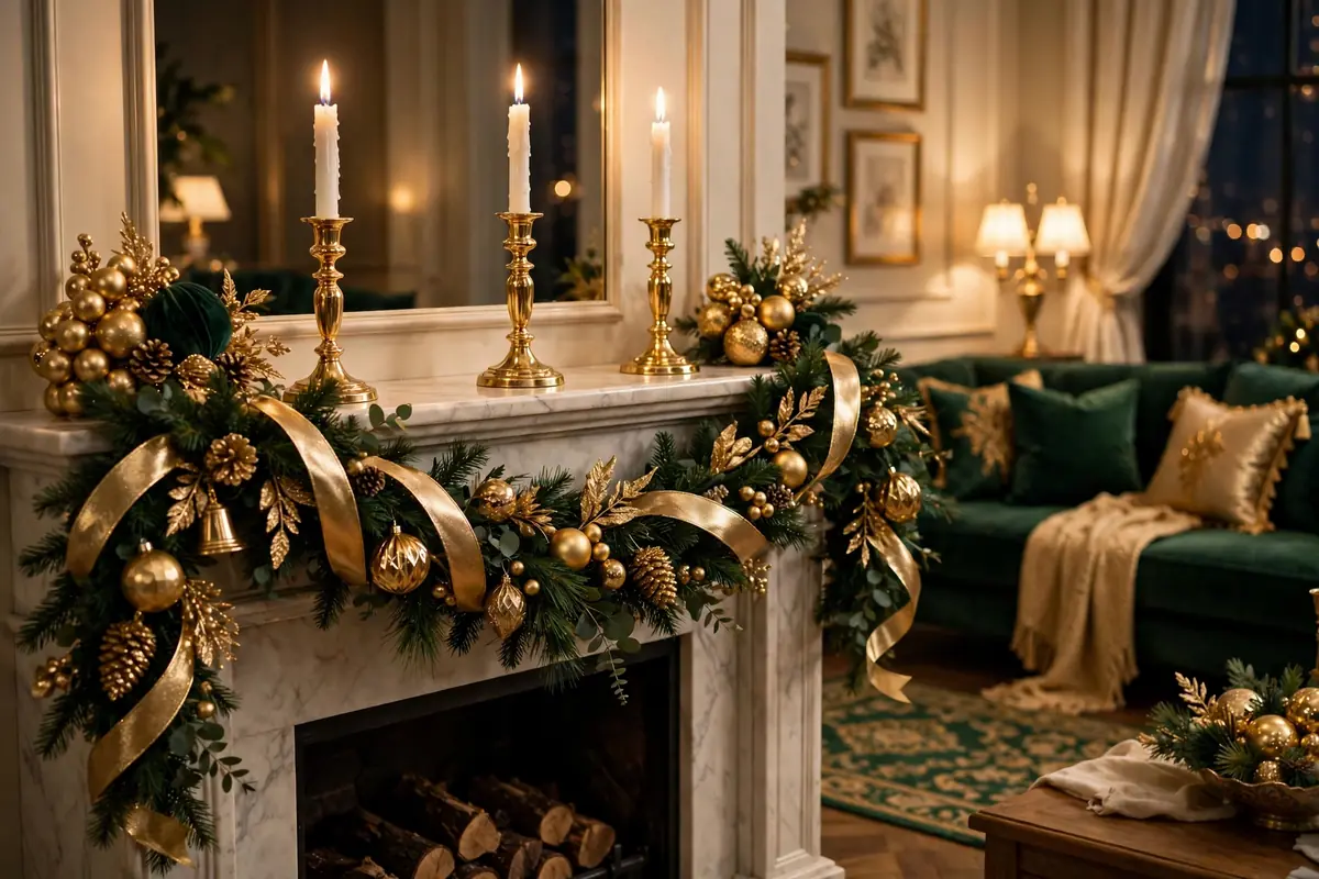 2. Elegant Gold and Green Mantel