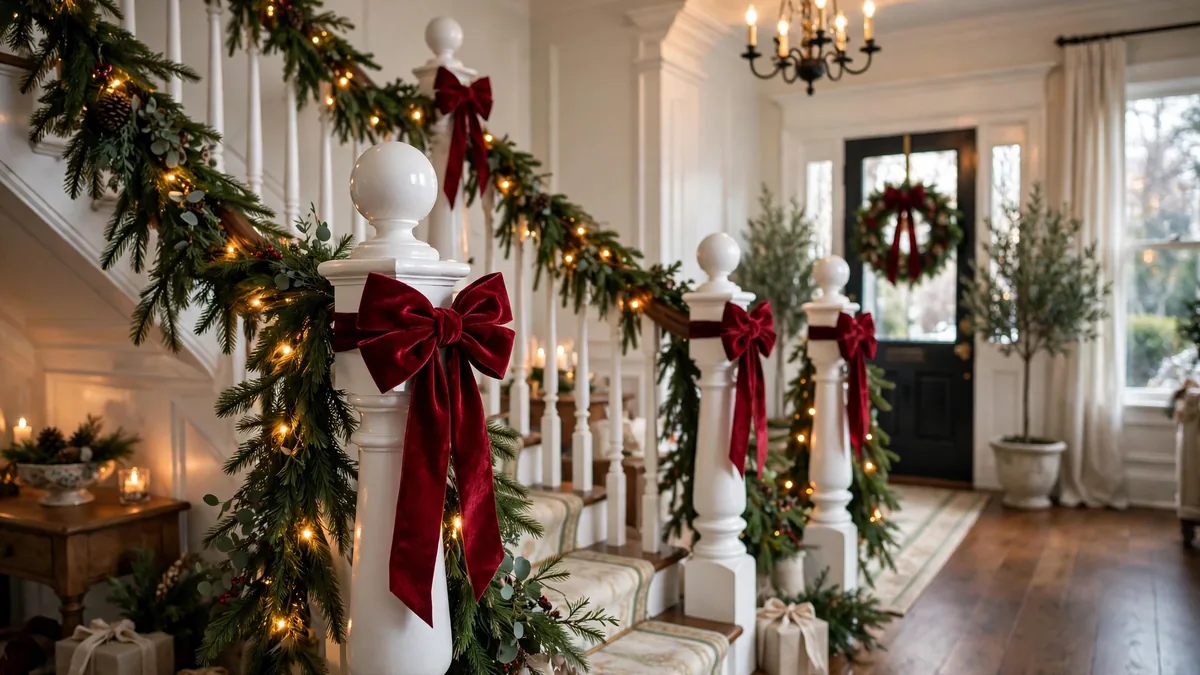 2. Big Velvet Bows Tied at Every Newel Post