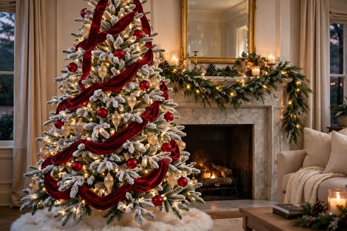 2. Flocked Tree With Red Velvet Ribbon