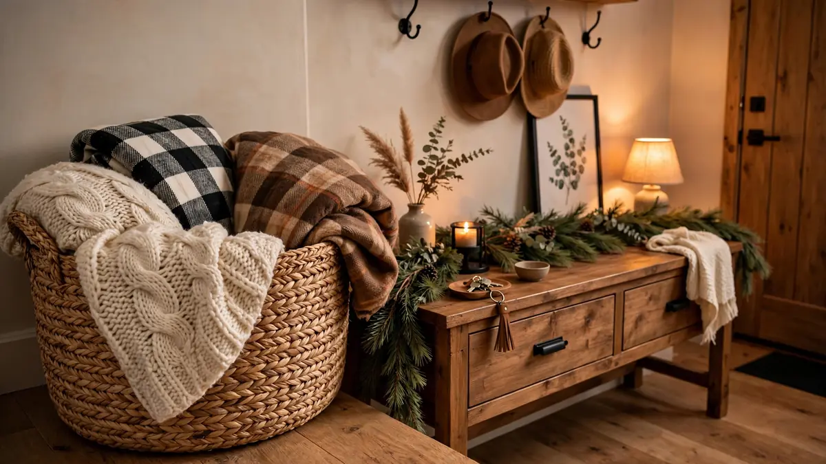 2. Warm Throw Blankets in a Woven Basket