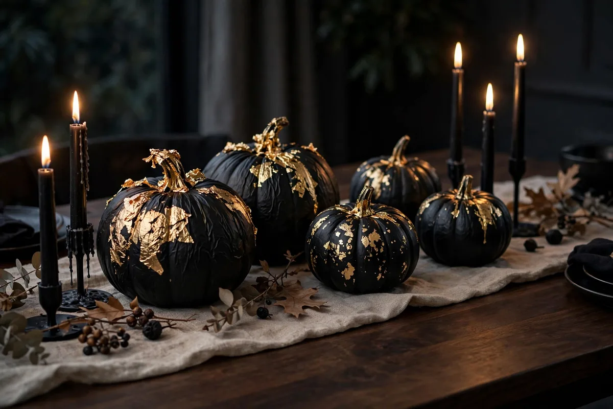 2. Black Pumpkins With Gold Leaf