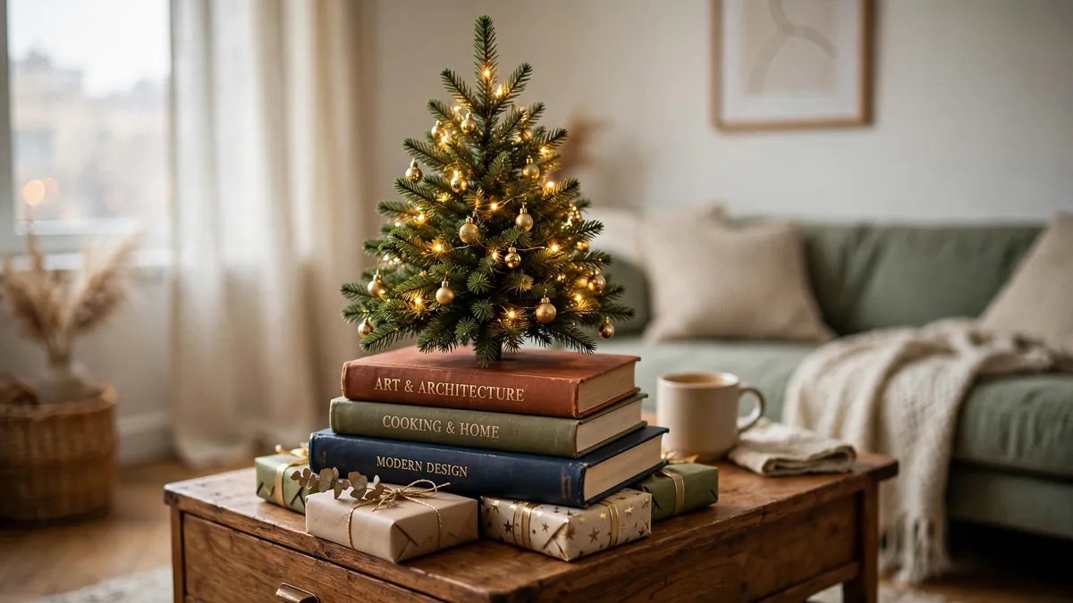 3. Tabletop Mini Tree on a Stack of Books