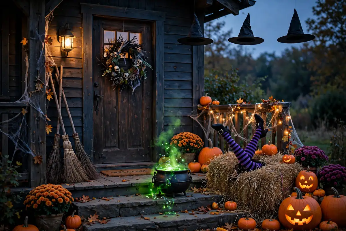 3. Witch-Themed Porch With Hats and Brooms