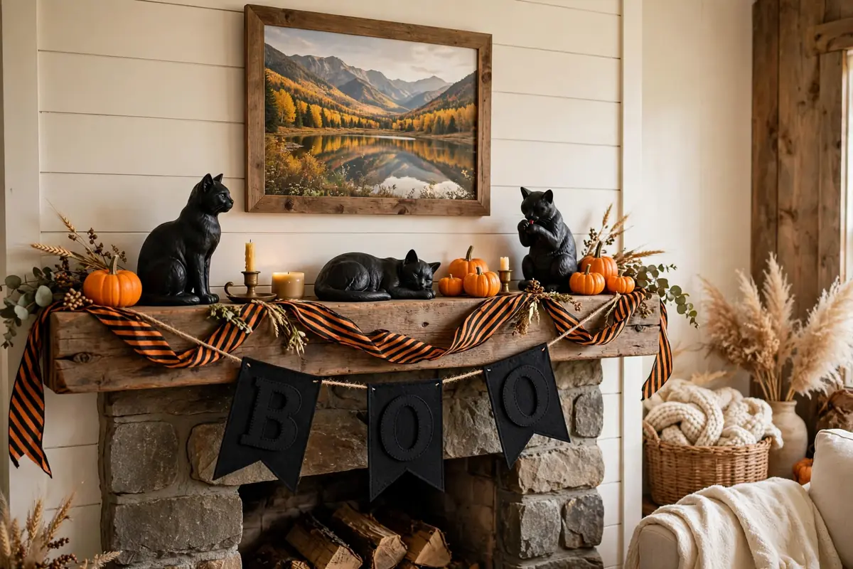 3. Black Cat Mantel with a BOO Banner