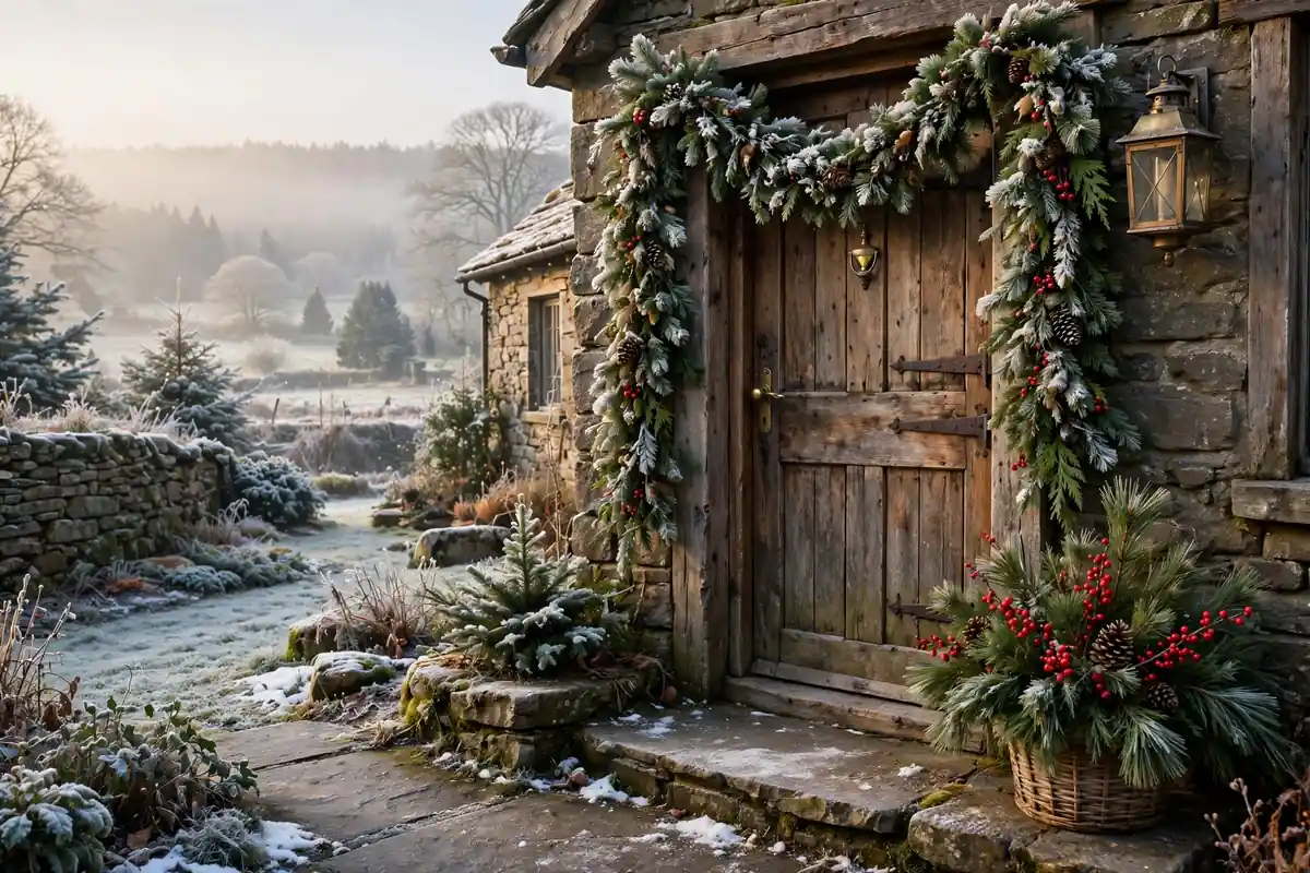 4. Classic White Garland on a Wood Door