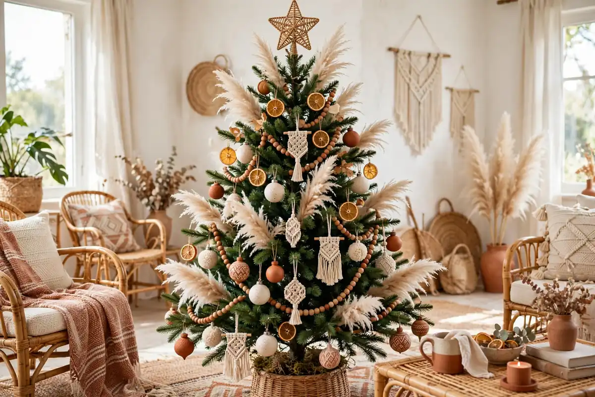 4. Boho Tree With Pampas Grass and Dried Oranges