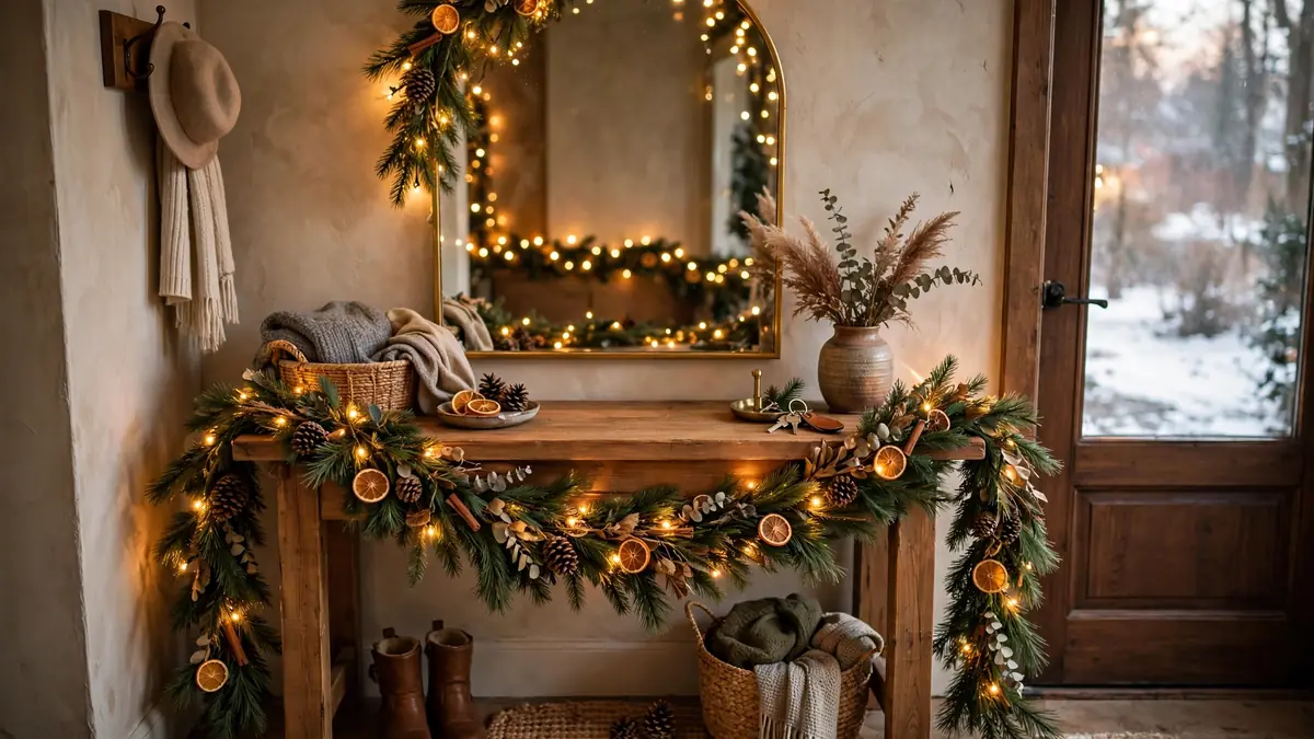 4. Pine Garland on the Console Table