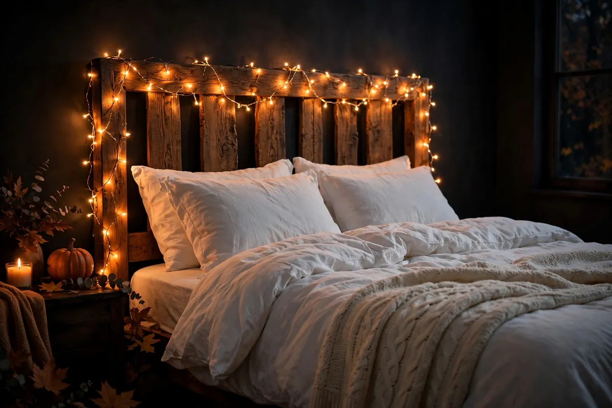4. Orange Fairy Lights Along the Headboard