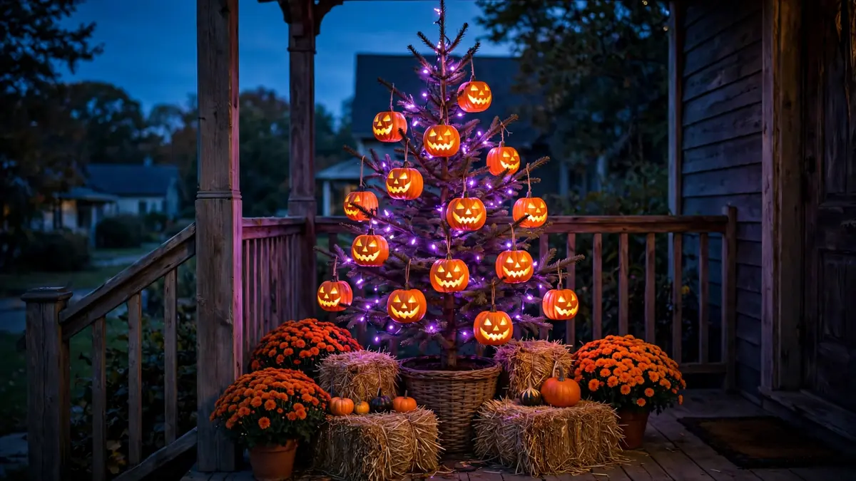 4. Outdoor Porch Tree With Jack-o'-Lantern Ornaments