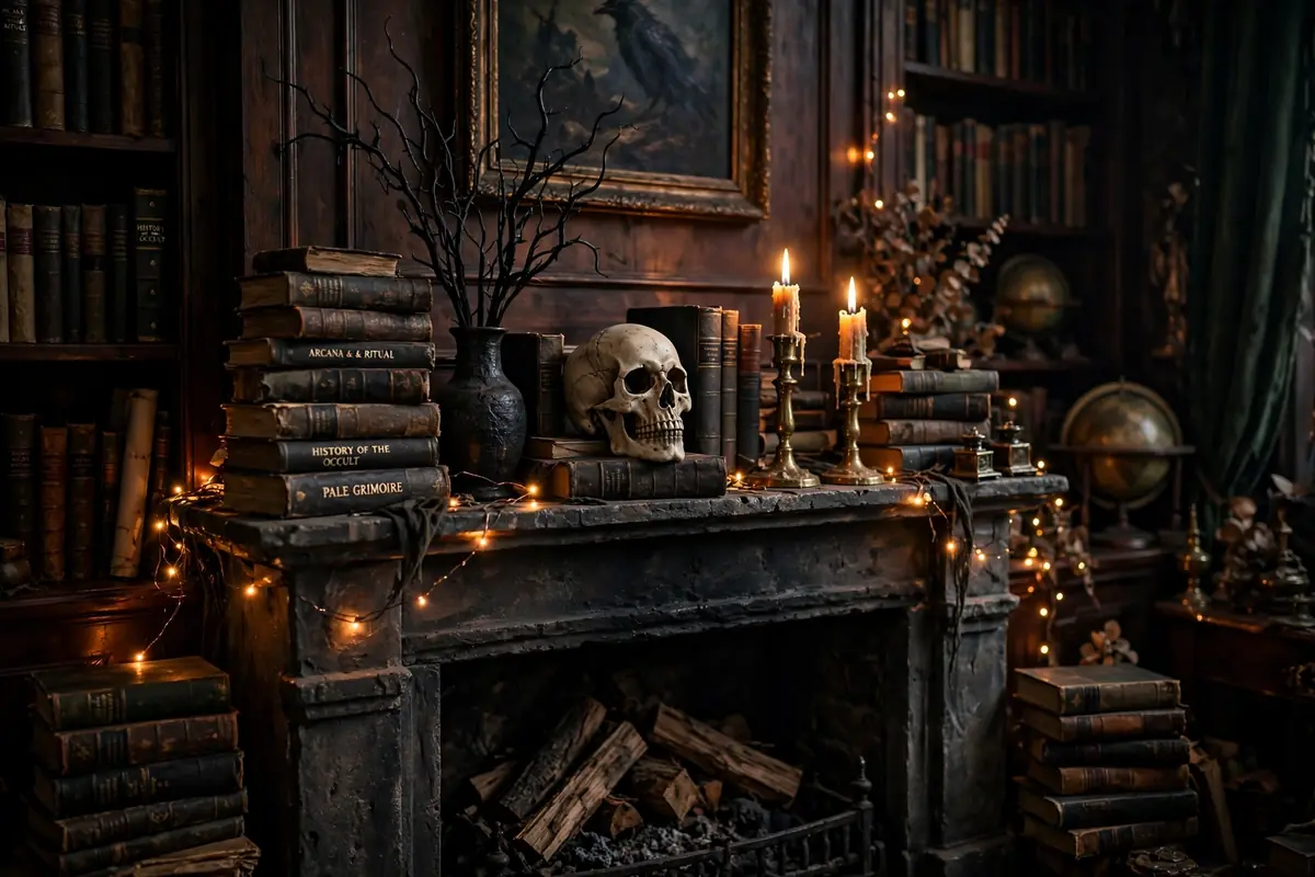 4. Dark Academia Halloween Mantel