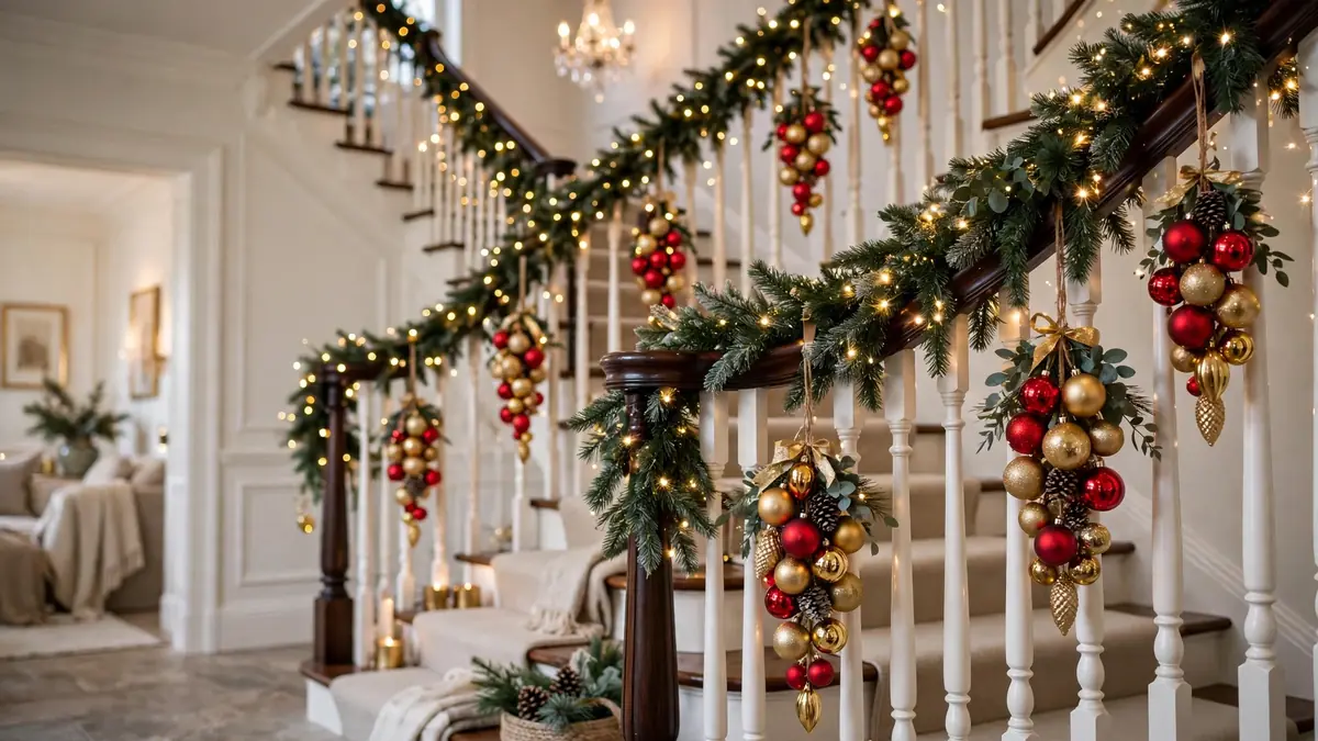 5. Ornament Clusters Hanging From the Railing