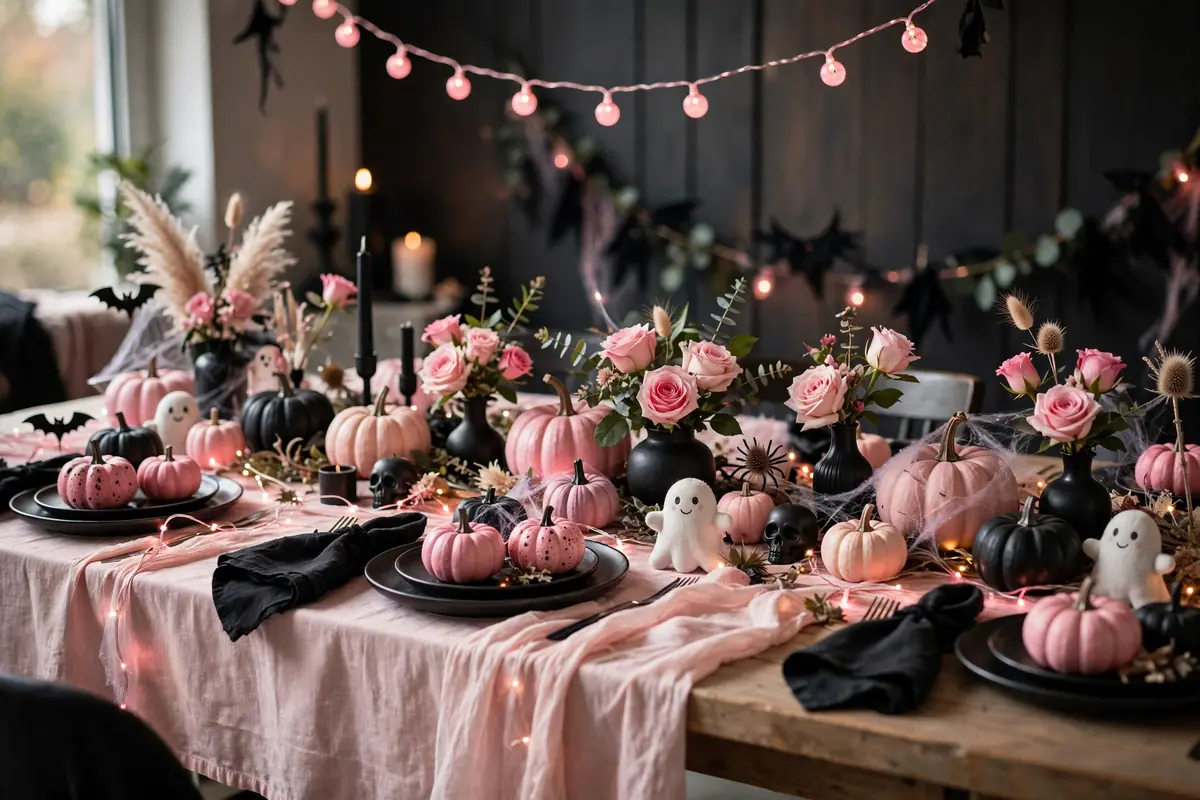 5. Pink and Black Halloween Table