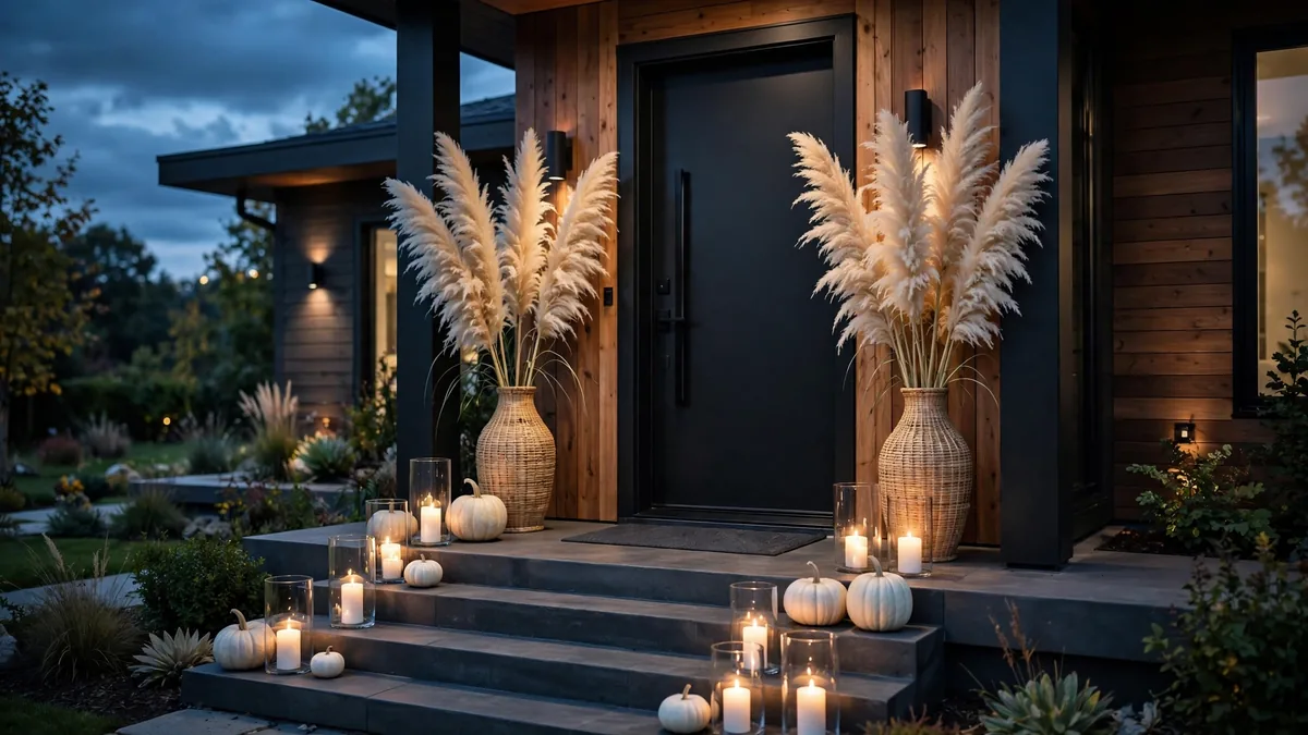 5. Black Door, Pampas Grass, and Candles