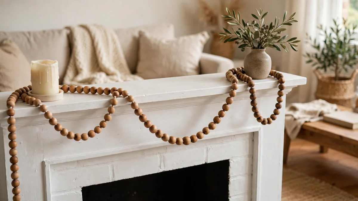 5. Wooden Bead Garland on the Mantel