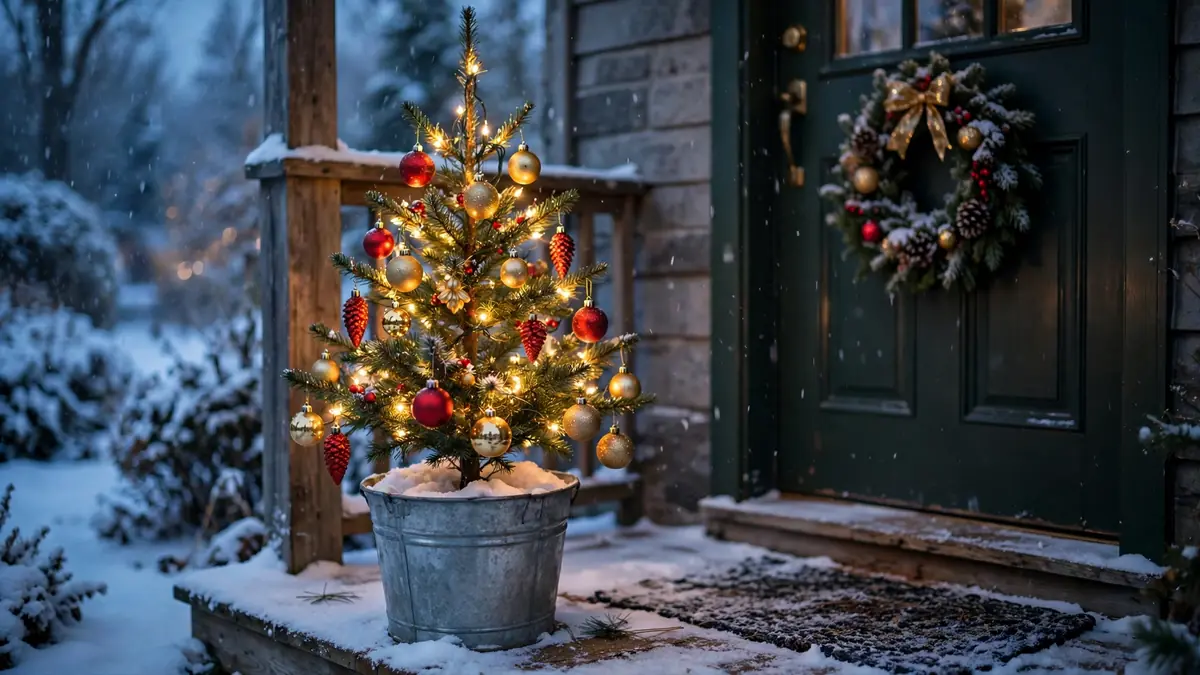5. A Small Lit Tree on the Porch