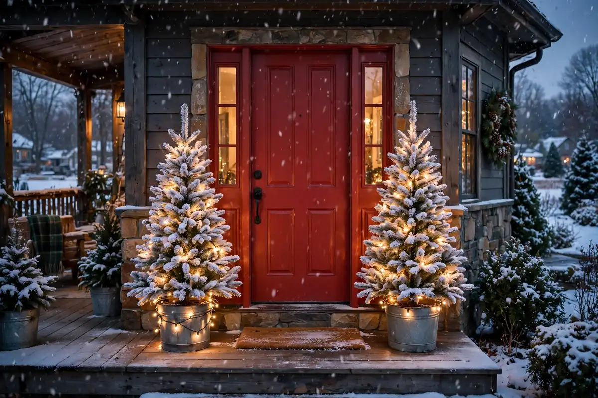 6. Flocked Mini Trees Flanking the Door
