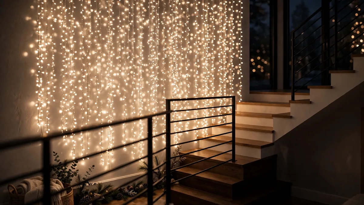 6. Twinkle Light Canopy Along the Stairwell Wall