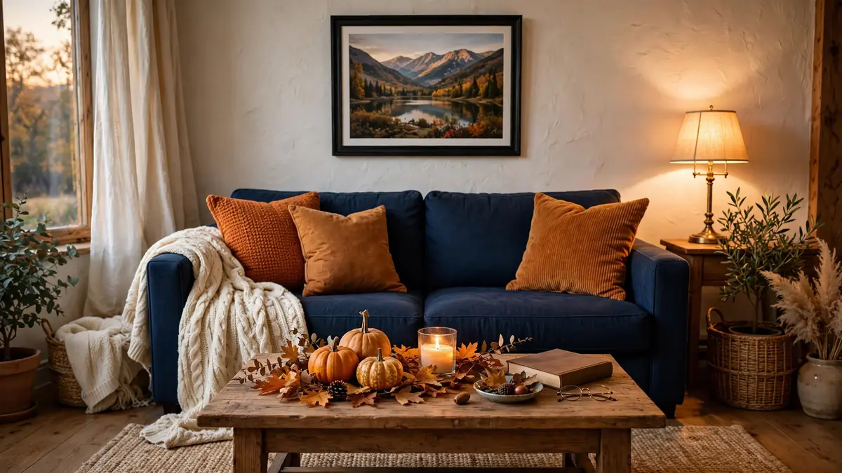 6. Style Fall Decor Around a Blue Couch