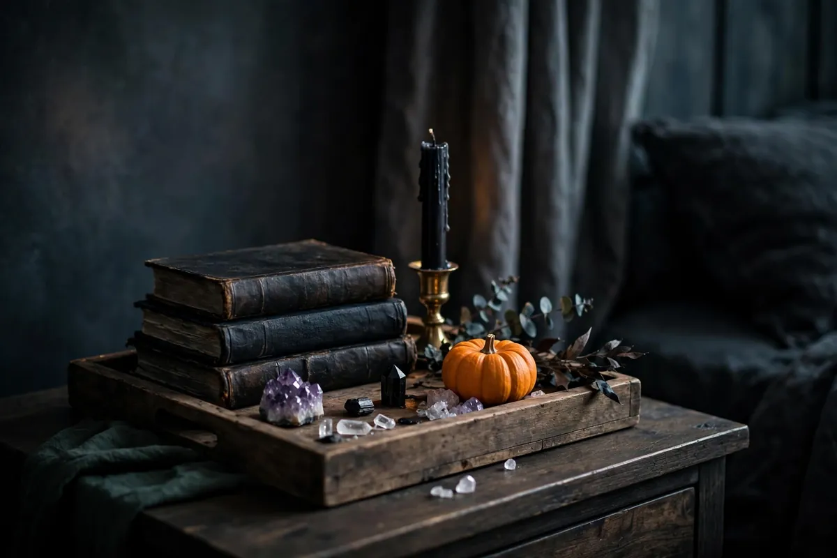 6. Witchy Nightstand Vignette With Candles and Crystals