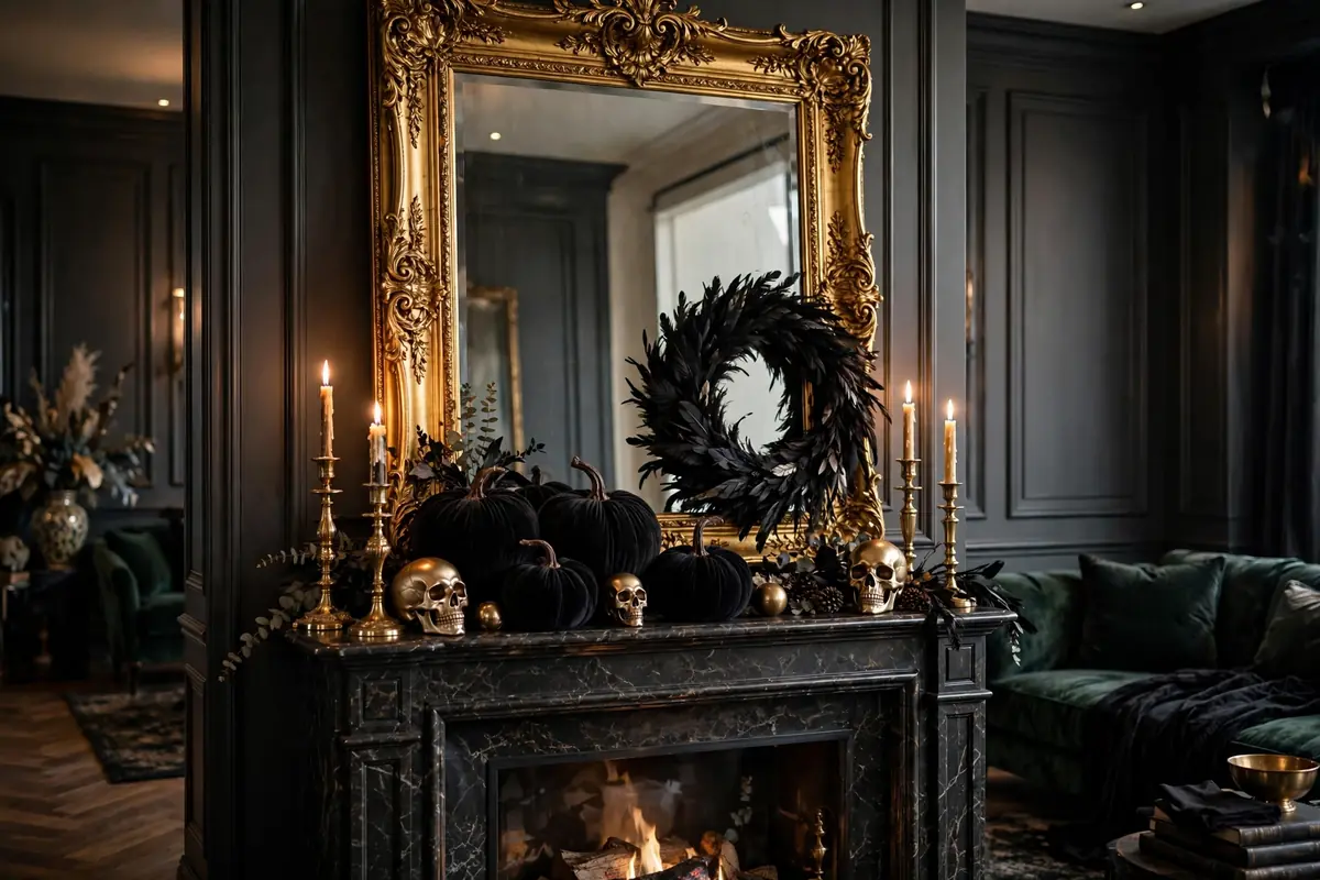 6. Luxury Gold Mirror Halloween Mantel