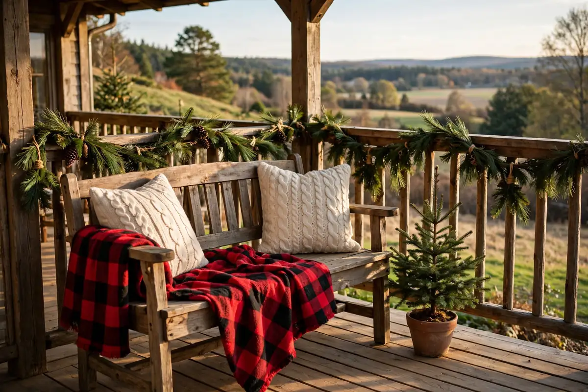 7. Plaid Blanket on a Porch Bench