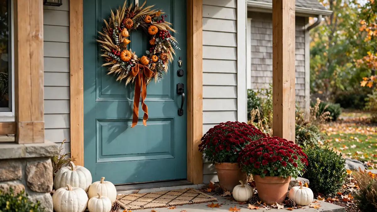 7. Teal Door with a Fall Wreath