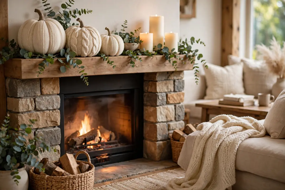 7. Elegant Cozy Mantel with Knit Pumpkins